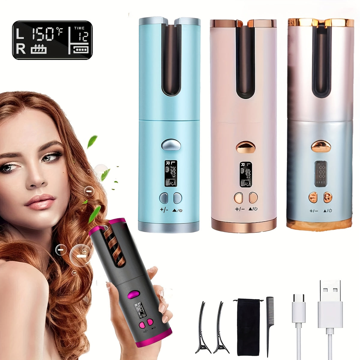 Cordless Automatic Rotating Hair Curler with LCD Display Kit